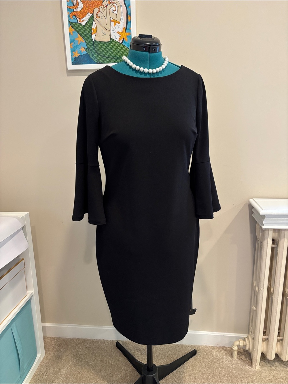 Calvin Klein Black Midi Dress with Bell Sleeves